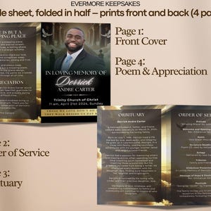 black & gold Funeral program template, heaven theme funeral template, gold sky heaven template, 4 page bifold funeral program template, obituary digital PDF printable celebration of life funeral booklet funeral brochure canva edit funeral template canva order of service funeral canva template in loving memory of funeral poem digital download editable funeral template