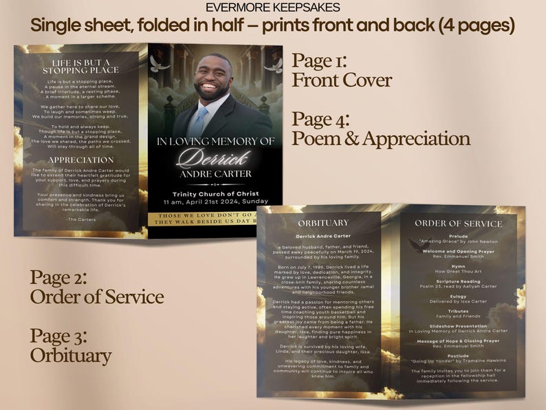black & gold Funeral program template, heaven theme funeral template, gold sky heaven template, 4 page bifold funeral program template, obituary digital PDF printable celebration of life funeral booklet funeral brochure canva edit funeral template canva order of service funeral canva template in loving memory of funeral poem digital download editable funeral template
