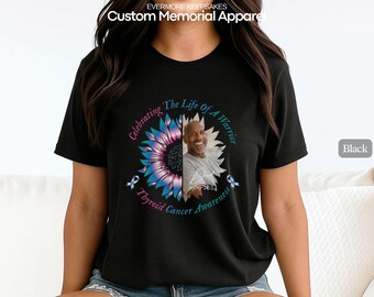 Thyroid Cancer Awareness Memorial Shirt: Blue Pink Teal Ribbon