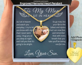 Collar conmemorativo personalizado con foto en forma de corazón, joyería en recuerdo de la pérdida de un hijo, colgante conmemorativo grabado, collar de condolencias por el duelo por un hijo.