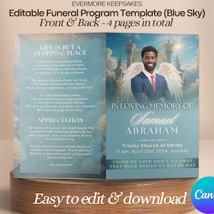 Peut inclure: Un modèle de programme funéraire bleu avec un fond de ciel. Les pages avant et arrière comportent du texte, dont "À la mémoire de Samuel Abraham". Le modèle est facile à modifier et à télécharger.