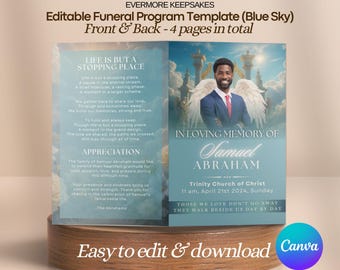 Blue Funeral Program Template, 4 Page Funeral Booklet Canva, Printable Funeral Brochure, Order of Service Celebration Life, Obituary Digital