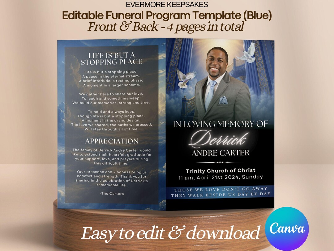 Blue Stairway to Heaven Funeral Program Template, Funeral Booklet Canva ...