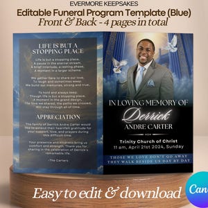 Blue Stairway To Heaven Funeral Program Template, Funeral Booklet Canva, Printable Brochure, Order of Service Celebration Life, Obituary PDF
