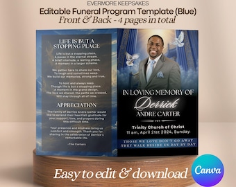 Blue Stairway To Heaven Funeral Program Template, Funeral Booklet Canva, Printable Brochure, Order of Service Celebration Life, Obituary PDF