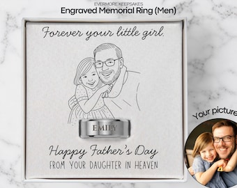 Daughter Engraved Memorial Ring Men, Happy Father's Day from Heaven, Men Sympathy Ring, Loss of Daughter Ring for Grieving Dad, Drawing Art