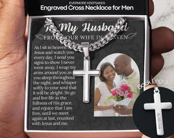 Wife Memorial Necklace, Engraved Cross For Men, Loss of Wife Sympathy Jewelry, Grieving Husband Keepsake, Christian Grief Jewelry for Men