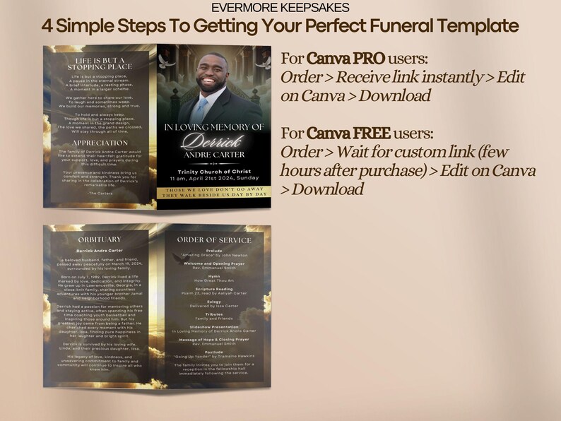 black & gold Funeral program template, heaven theme funeral template, gold sky heaven template, 4 page bifold funeral program template, obituary digital PDF printable celebration of life funeral booklet funeral brochure canva edit funeral template canva order of service funeral canva template in loving memory of funeral poem digital download editable funeral template