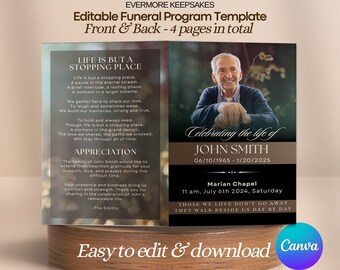 Classic Mens Funeral Program Template, Editable Celebration of Life Booklet for Father, Canva Memorial Service Brochure, Printable Obituary