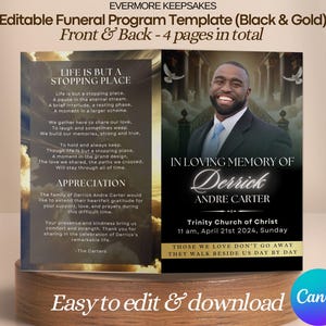 May include: Black and gold funeral program template with a photo of a man in a suit. The front page features a quote about life being a stopping place and the back page includes the deceased's name, Derrick Andre Carter, and the date and time of the service. The text "Easy to edit & download Canva" is at the bottom of the image.