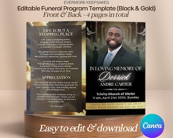 Black Gold Funeral Program Template, 4 Page Funeral Booklet Canva, Printable Brochure, Order of Service Celebration Life, Obituary Digital