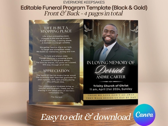 Black Gold Funeral Program Template, 4 Page Funeral Booklet Canva, Printable Brochure, Order of Service Celebration Life, Obituary Digital