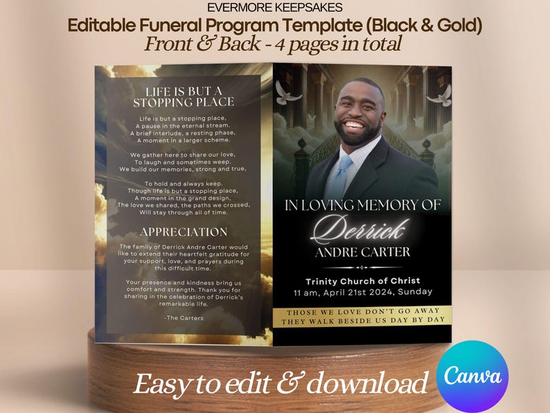 black & gold Funeral program template, heaven theme funeral template, gold sky heaven template, 4 page bifold funeral program template, obituary digital PDF printable celebration of life funeral booklet funeral brochure canva edit funeral template canva order of service funeral canva template in loving memory of funeral poem digital download editable funeral template