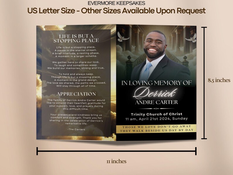 black & gold Funeral program template, heaven theme funeral template, gold sky heaven template, 4 page bifold funeral program template, obituary digital PDF printable celebration of life funeral booklet funeral brochure canva edit funeral template canva order of service funeral canva template in loving memory of funeral poem digital download editable funeral template