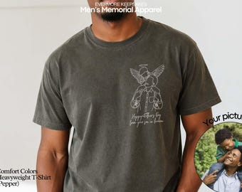 Father's Day Shirt for Grieving Dad, Custom Line Art Memorial Shirt, Photo to Outline Angel Son Sympathy Tee, Loss of Child T-Shirt for Men