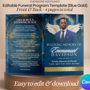 Puede incluir: Plantilla de programa fúnebre azul y dorado, frontal y posterior, con el texto "In Loving Memory of Emmanuel Davidson". La plantilla incluye una foto de un hombre con alas de ángel y el texto "Easy to edit & download Canva."