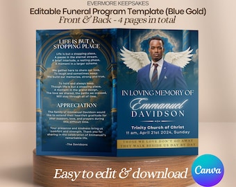 Blue & Gold Funeral Program Template: Editable Canva Booklet (Digital Download)