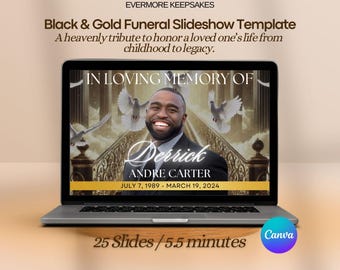 Black & Gold Funeral Slideshow Template, Church Memorial Service, Celebration of Life Obituary Program, Canva Edit Instant Download Slides
