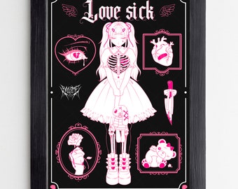 May include: A black framed print with the text "Love Sick" in pink gothic lettering. The print features a pink and white anime-style character with a skeleton ribcage and a pink heart. Other pink images include a rose, a heart with a bandage, a teddy bear, and a knife.