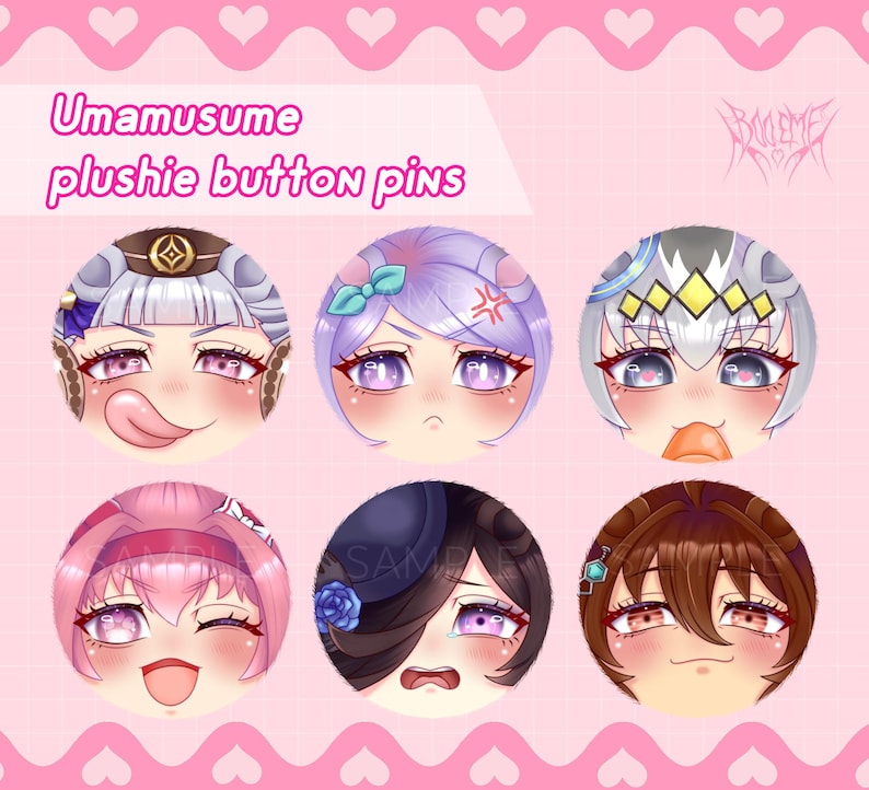May include: Six circular plushie button pins showcasing anime-style character faces with different expressions. The pins are set against a pink backdrop with the text "Umamusume plushie button pins". Each pin features a unique design and colour scheme.