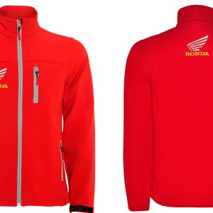 May include: Red softshell jacket with a zipper closure and two zippered pockets. The jacket has a white Honda logo with a red wing design on the front and back.