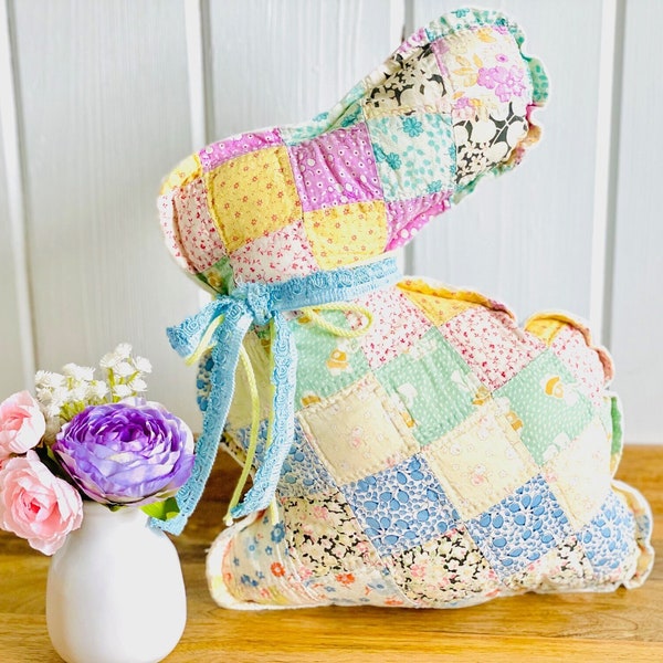 vintage quilt bunny, farmhouse Easter decor, handmade spring pillow, upcycled quilt, antique patchwork, Easter mom gift, cottagecore