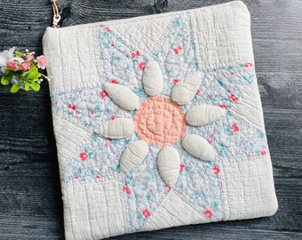 Two-Sided Vintage Quilt Zippered Pouch with 3D Flowers, Quilted Clutch, Project Bag, Upcycled Feedsack Fabric