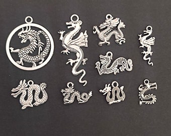 Dragon Charm Set Antique Silver Tone For Jewelry Making