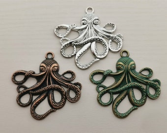 Large Antique Silver Octopus Charm: DIY Necklace, Bracelet, Earring (54x57mm)