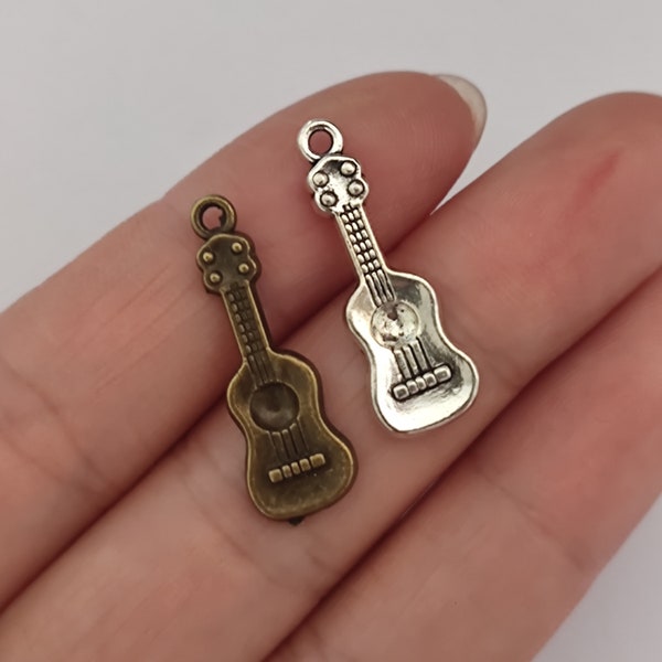 Antique Silver Ukulele Guitar Charm Wholesale, Musical Instrument Pendant Lot, DIY Craft for Necklace Bracelet Earring Keychain