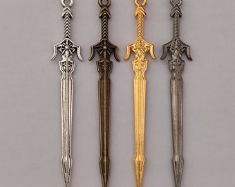 May include: Four sword charms in different finishes: silver, bronze, gold, and gunmetal. Each charm features a detailed sword design with a flower-like detail at the top.