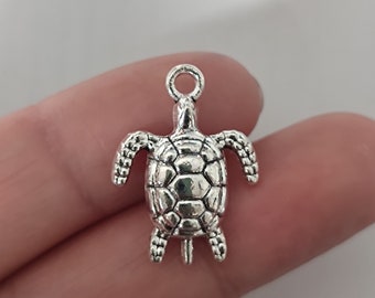 Turtle Charm Sea Animal Pendant Antique Silver Tone