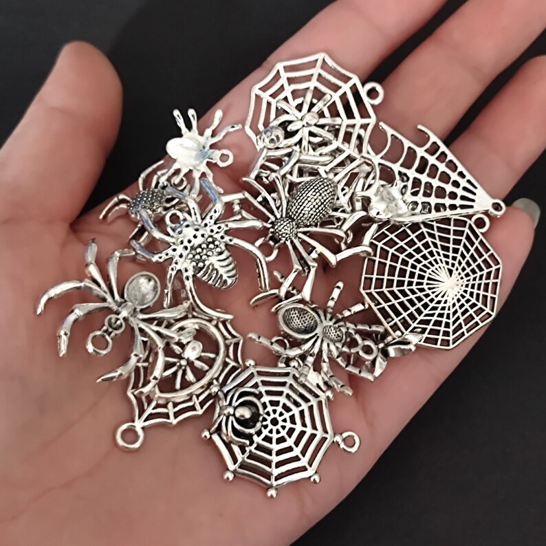 May include: A collection of silver-toned spider and spiderweb charms. The charms are detailed and intricate, with realistic spider designs and web patterns.