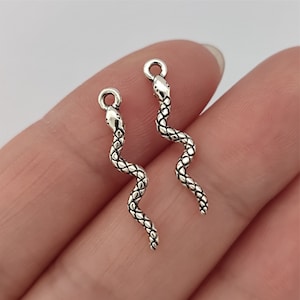 May include: Two silver snake charms with a textured surface. The charms are in the shape of a snake with a curled tail. The charms have a loop at the top for attaching to a necklace or bracelet.