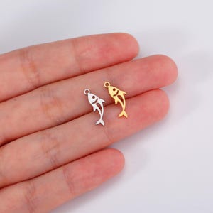 May include: Two metal fish charms, one gold and one silver, on a hand. The charms are simple and delicate, with a small eye detail.