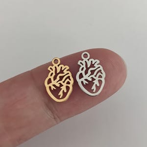 May include: Two heart-shaped pendants, one gold and one silver, are shown. Each pendant has a detailed anatomical heart design with a small loop at the top for hanging. The pendants are small and delicate, suitable for jewellery.