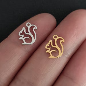 Peut inclure: Deux petits breloques en forme d'écureuil ajouré. L'une est de couleur argentée, l'autre dorée. Chaque breloque possède une petite boucle en haut pour l'attacher à une chaîne ou à un autre composant de bijou. Le design de l'écureuil est une silhouette.