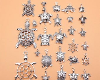 Turtle Charm Set Antique Silver Tone For Jewelry Making