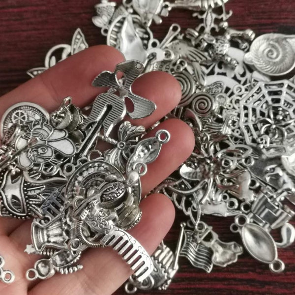 Grab Bag Liquidation Sale Of 50/100 Assorted Charms, Randome Mixed, Antique Silver Charms Wholesale,  Charms Collection Bulk, co204