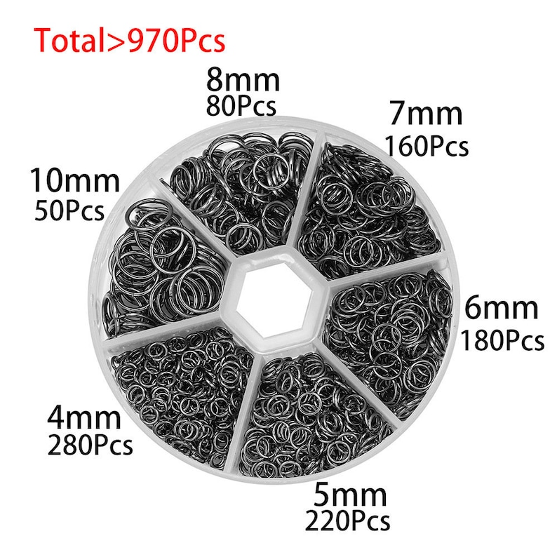 May include: A clear plastic container with six compartments filled with black jump rings. Each compartment is labeled with the size and quantity of jump rings: 4mm (280Pcs), 5mm (220Pcs), 6mm (180Pcs), 7mm (160Pcs), 8mm (80Pcs), and 10mm (50Pcs). The total number of jump rings is 970.
