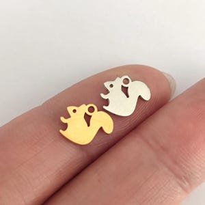 Peut inclure: Deux breloques en métal en forme d'écureuil, l'une dorée et l'autre argentée, sur un doigt.