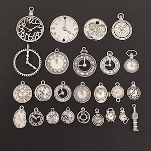 Clock Pocket Watch Charm Collection Antique Silver Tone Mixed