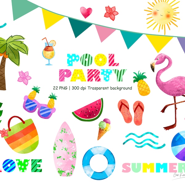 Pool party clipart for summer party projects. Direct download, PNG.