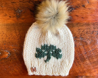 St. Patrick’s Day beanie/ four leaf clover beanie/ Irish hand knitted beanie/ faux fur pom pom