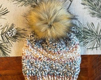 ADULT Chunky Faux Fur Pom Hat/Knitted Beanie/knit hat/Warm Winter Hat/Cute Women's Gift/Girlfriend Gift/