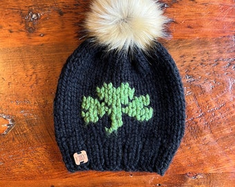 St. Patrick’s Day beanie/ four leaf clover beanie/ Irish hand knitted beanie/ faux fur pom pom