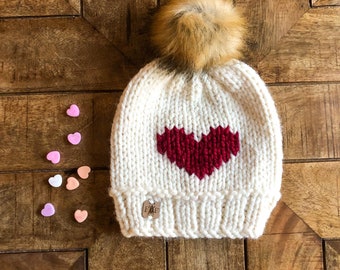 ADULT Chunky Faux Fur Pom Hat/Valentine beanie/Valentines/Galentines gift/knit hat/Warm Winter Hat/Cute Women's Gift/Girlfriend Gift/