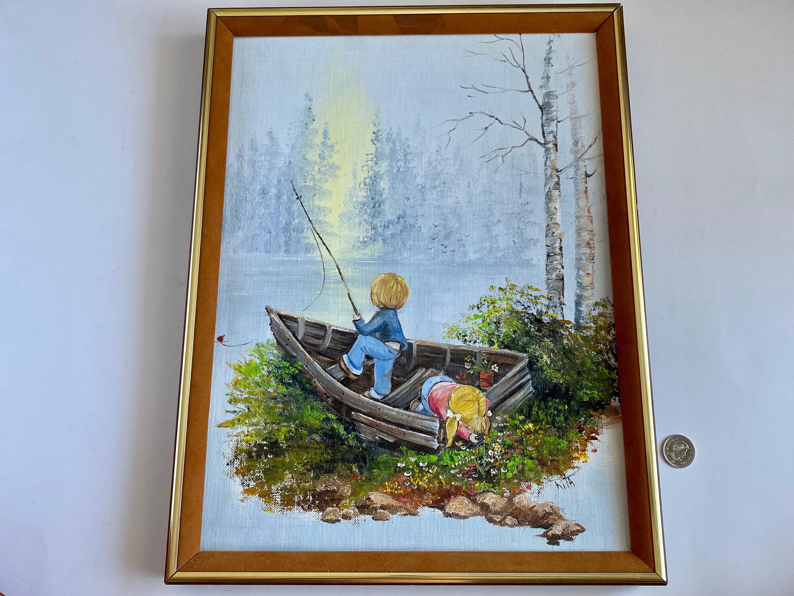 Vintage Original Oil Painting on Canvas, Nature Scene Painting, Grandmacore  County Style Art, Fishing in the Woods Rustic Collectible Art -  Sweden