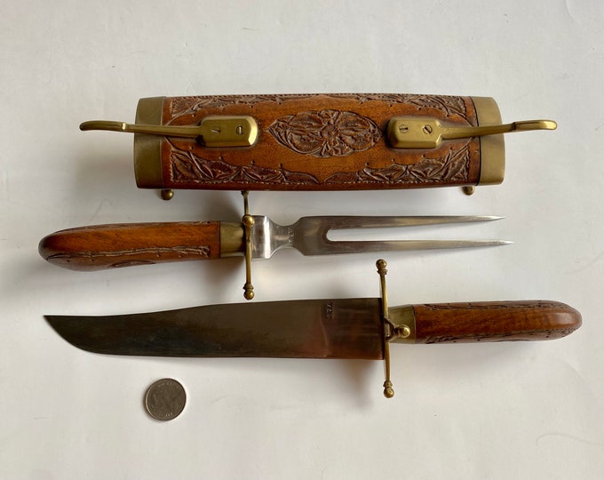 Vintage Indian Carving Set, Vintage Carving Set With Sheath, Indian Brass, Indian Rosewood