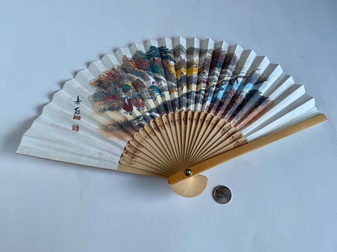 Vintage Bamboo Fan, Japanese Paper Hand Fan, Bamboo Fan With Japanese